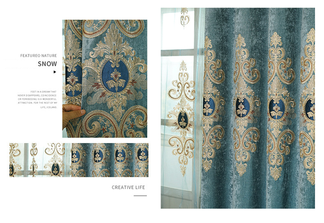 Zasłony europejskiego stylu do salonu z haftowanymi zasłonami Chenille, kolor niebieski, do sypialni - Wianko - 2