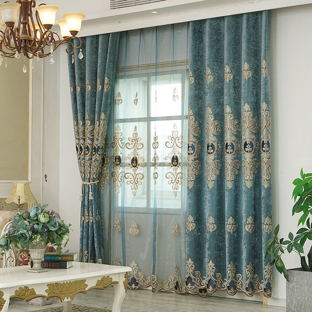 Zasłony europejskiego stylu do salonu z haftowanymi zasłonami Chenille, kolor niebieski, do sypialni - Wianko - 1