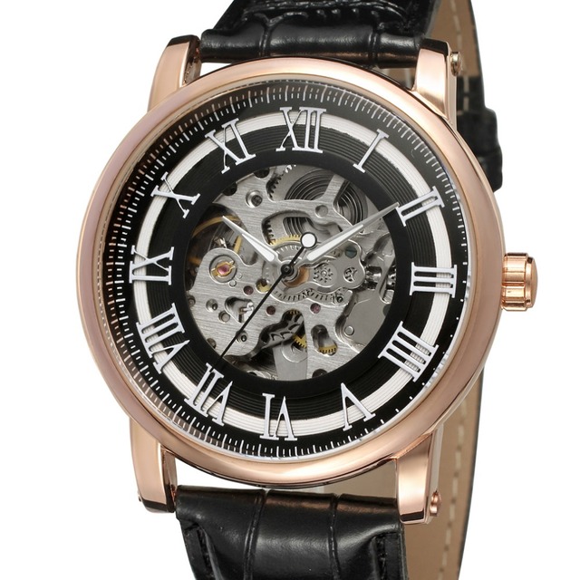 Zegarek mechaniczny męski z czarnym paskiem ze skóry naturalnej, cyframi rzymskimi, kalendarzem i automatycznym mechanizmem - Wianko - 28