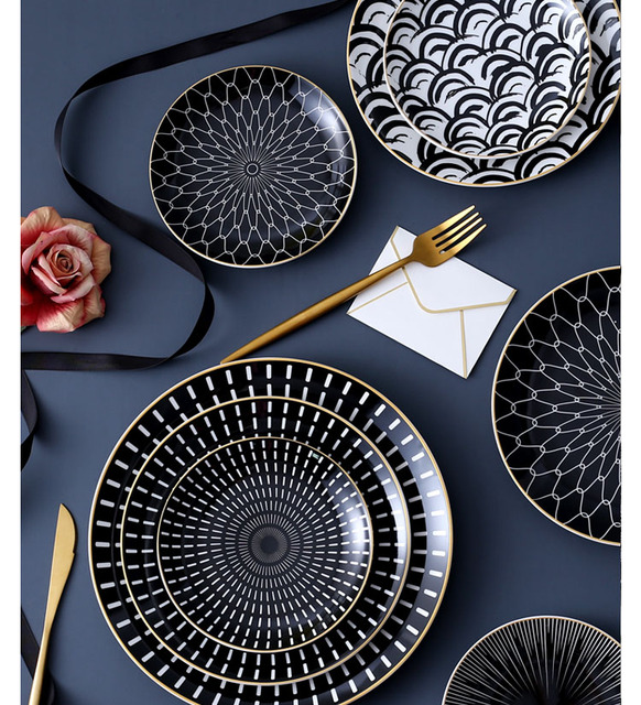 Nordyckie danie główne zastawa stołowa porcelanowy zestaw obiadowy z geometrycznymi talerzami i ceramiczną tacą - Wianko - 5
