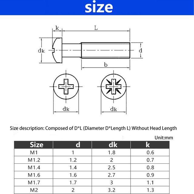 Zestaw śrub ze stali nierdzewnej M1-M1.6, phillips, łeb stożkowy, gwint metryczny - Wianko - 2