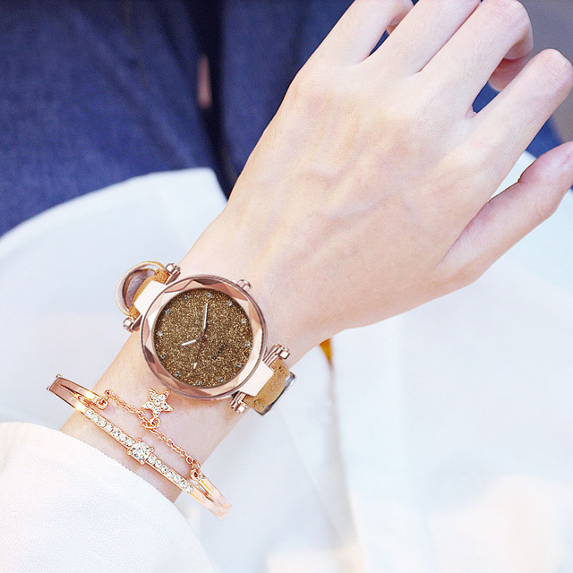 Zegarek damski z projektowanym tarczą Starry Sky, prosty numer, skórzany pasek, kwarcowy mechanizm, moda casual - 2021 - Wianko - 2