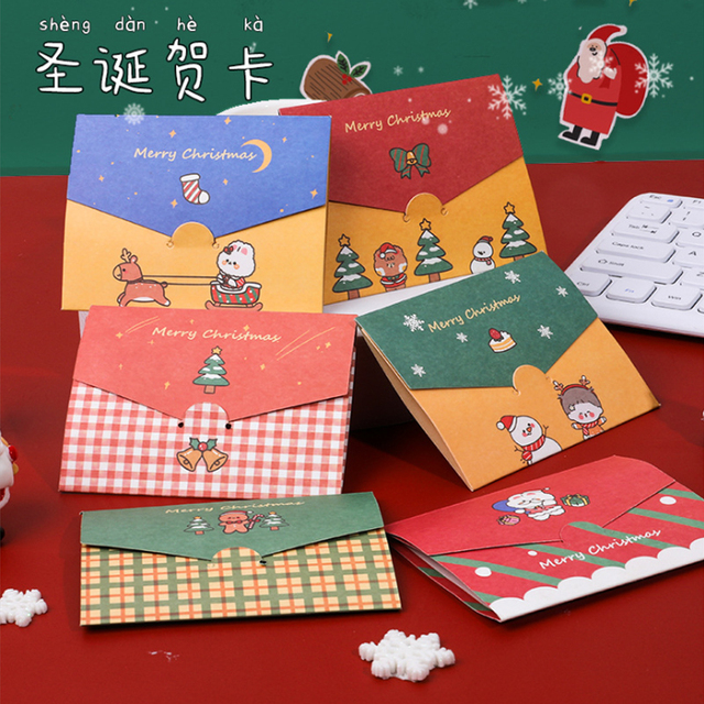 Karty z życzeniami Kawaii Cartoon Christmas - składane małe karty w kopercie do samodzielnego ozdabiania (1 sztuka) - Wianko - 3