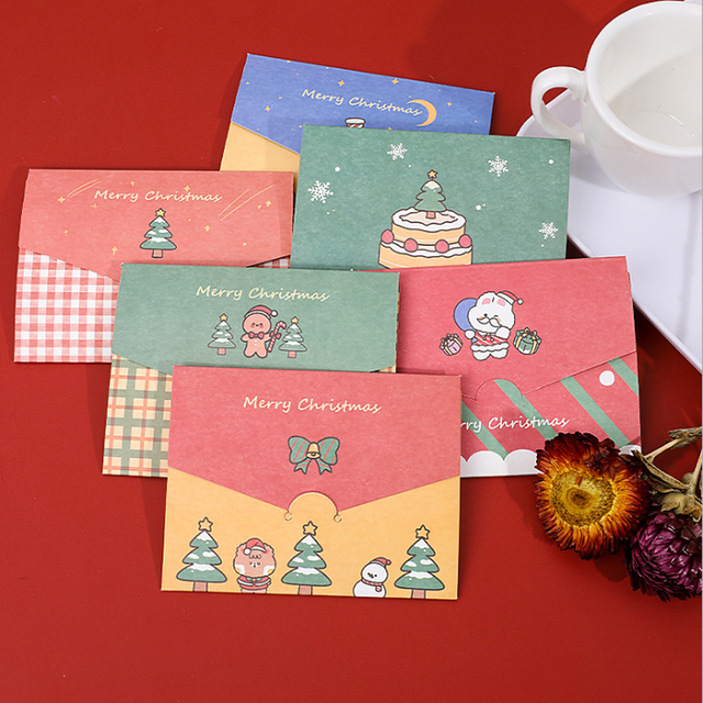 Karty z życzeniami Kawaii Cartoon Christmas - składane małe karty w kopercie do samodzielnego ozdabiania (1 sztuka) - Wianko - 5