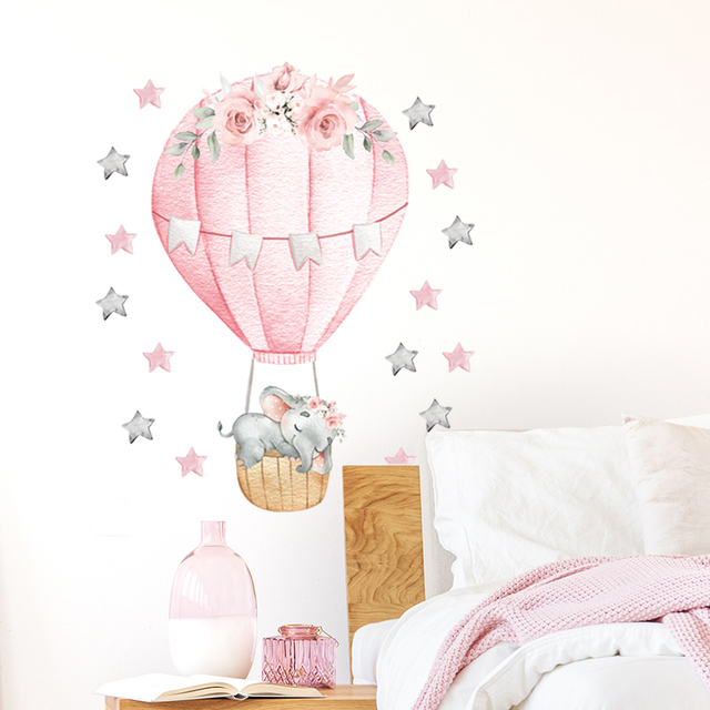 Naklejka ścien na dekorację pokoju dziecinnego - Akwarela Różowy Gorący Balon z Dmuchanym Słoniakiem - Wianko - 9