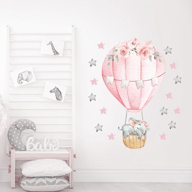 Naklejka ścien na dekorację pokoju dziecinnego - Akwarela Różowy Gorący Balon z Dmuchanym Słoniakiem - Wianko - 8