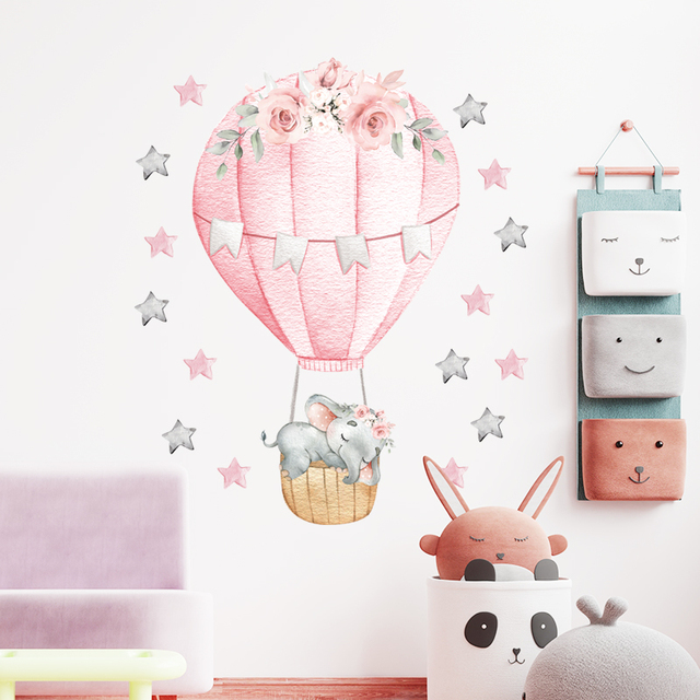 Naklejka ścien na dekorację pokoju dziecinnego - Akwarela Różowy Gorący Balon z Dmuchanym Słoniakiem - Wianko - 6