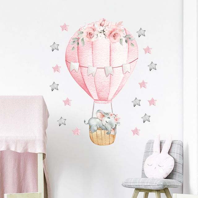 Naklejka ścien na dekorację pokoju dziecinnego - Akwarela Różowy Gorący Balon z Dmuchanym Słoniakiem - Wianko - 7