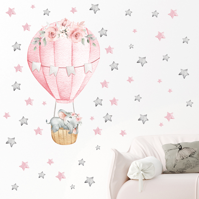 Naklejka ścien na dekorację pokoju dziecinnego - Akwarela Różowy Gorący Balon z Dmuchanym Słoniakiem - Wianko - 19