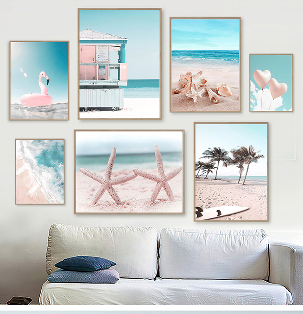 Obraz ścienny na płótnie Flamingo - nordyckie plakaty i druki zdjęć do salonu, plaża tropikalna morska rozgwiazda, surfing - Wianko - 3