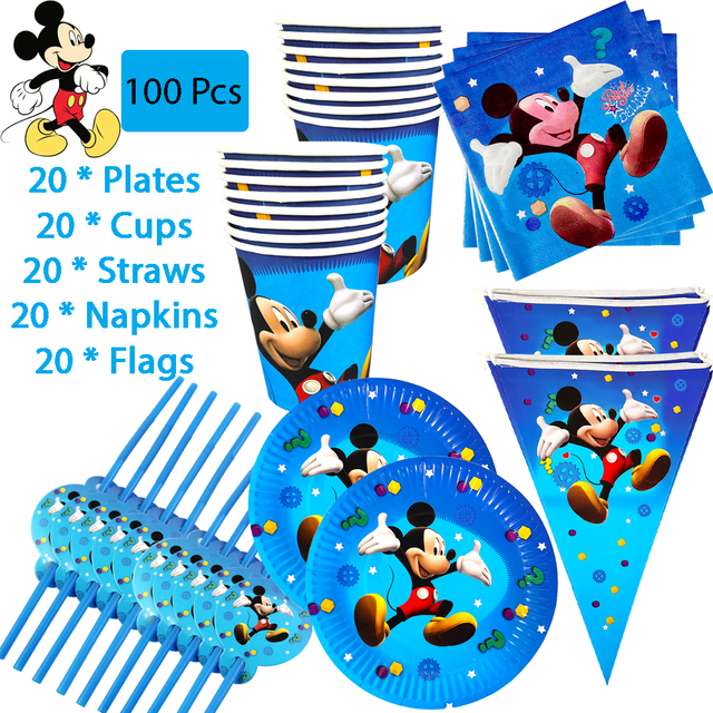 Zestaw jednorazowych naczyń Mickey Mouse na imprezę: kubek papierowy, talerz, serwetka, obrus, balon, dekoracje urodzinowe dla dzieci oraz Baby Shower - Wianko - 1