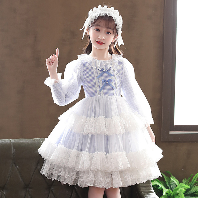 Nowa sukienka Lolita dla dziewczynek 3-12 lat z łukiem, w niebieskim kolorze, z koronką i długimi rękawami. Kostium „princesska” na Halloween - Wianko - 11