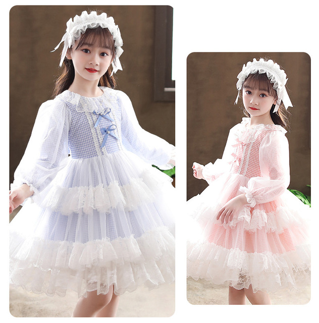 Nowa sukienka Lolita dla dziewczynek 3-12 lat z łukiem, w niebieskim kolorze, z koronką i długimi rękawami. Kostium „princesska” na Halloween - Wianko - 8