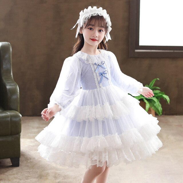 Nowa sukienka Lolita dla dziewczynek 3-12 lat z łukiem, w niebieskim kolorze, z koronką i długimi rękawami. Kostium „princesska” na Halloween - Wianko - 12
