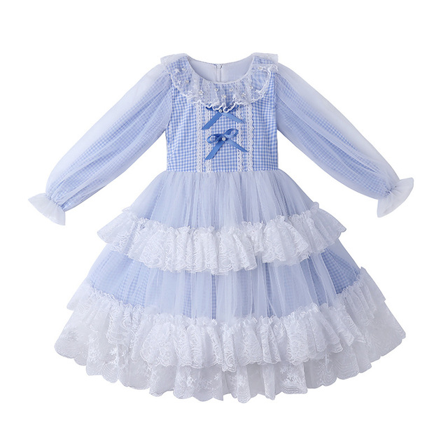 Nowa sukienka Lolita dla dziewczynek 3-12 lat z łukiem, w niebieskim kolorze, z koronką i długimi rękawami. Kostium „princesska” na Halloween - Wianko - 13