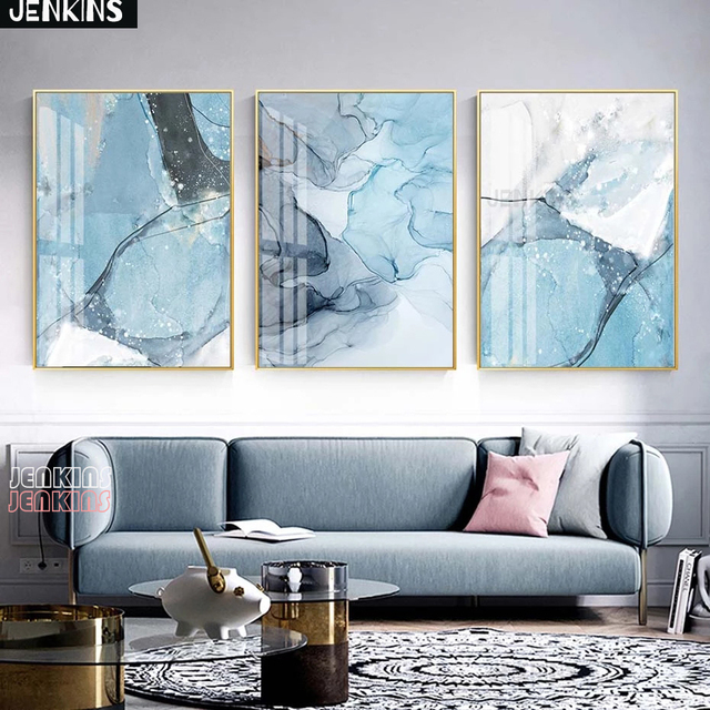 Dekoracja na ścianę - JENKINS Malarstwo na płótnie z abstrakcyjnym wzorem marmuru w kolorze białym i niebieskim dla salonu i sypialni - Nordic styl - Wianko - 10