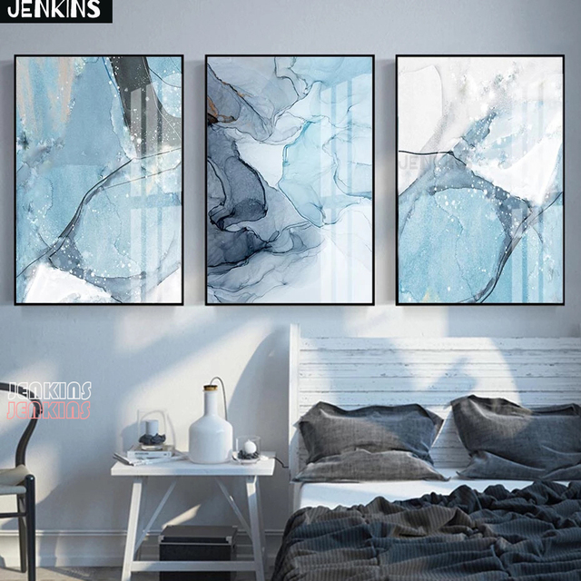Dekoracja na ścianę - JENKINS Malarstwo na płótnie z abstrakcyjnym wzorem marmuru w kolorze białym i niebieskim dla salonu i sypialni - Nordic styl - Wianko - 8