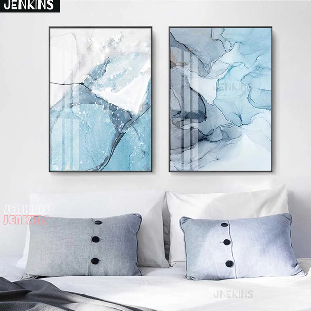 Dekoracja na ścianę - JENKINS Malarstwo na płótnie z abstrakcyjnym wzorem marmuru w kolorze białym i niebieskim dla salonu i sypialni - Nordic styl - Wianko - 9