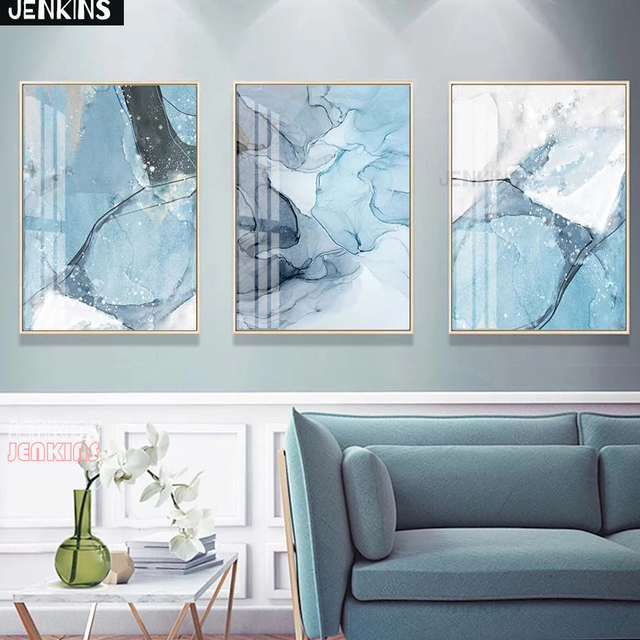 Dekoracja na ścianę - JENKINS Malarstwo na płótnie z abstrakcyjnym wzorem marmuru w kolorze białym i niebieskim dla salonu i sypialni - Nordic styl - Wianko - 7