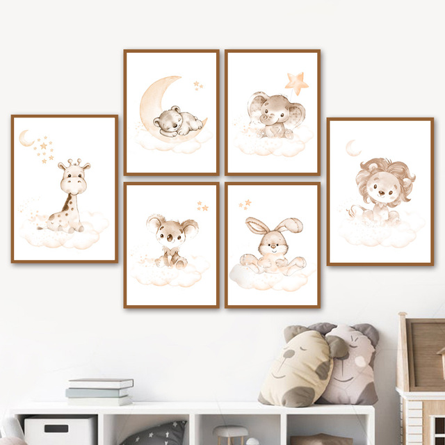 Plakat ścienny na płótnie Malarstwo i kaligrafia - Żyrafa, słoń, lew, królik i niedźwiedź dla dzieci - Wianko - 1