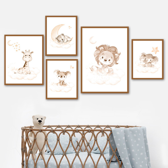 Plakat ścienny na płótnie Malarstwo i kaligrafia - Żyrafa, słoń, lew, królik i niedźwiedź dla dzieci - Wianko - 2