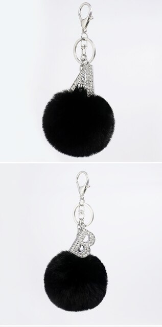 Breloczek z czarnym futrzanym pomponem i literą, zdobiony kryształami rhinestone - Wianko - 10