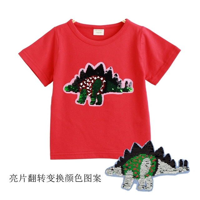 Koszulka dziecięca z dinozaurem, cekinami i magicznymi wzorami, casual, bawełniana, dla dziewczynek 2-7 lat - Wianko - 7