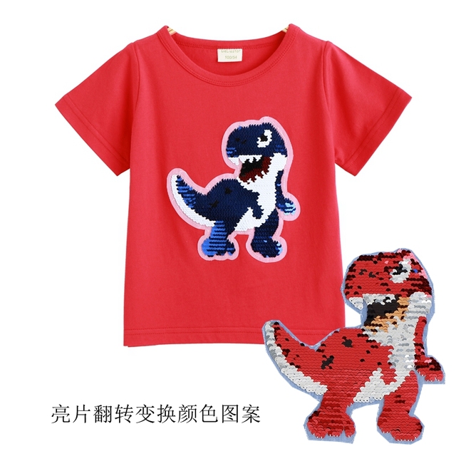 Koszulka dziecięca z dinozaurem, cekinami i magicznymi wzorami, casual, bawełniana, dla dziewczynek 2-7 lat - Wianko - 6