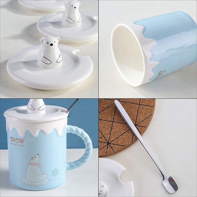 Kubek ceramiczny boże narodzenie z motywem niedźwiedzia polarnego - zestaw filiżanek do picia wody, herbaty i kawy z pokrywką - Wianko - 2