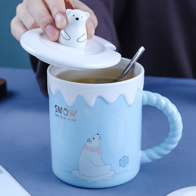 Kubek ceramiczny boże narodzenie z motywem niedźwiedzia polarnego - zestaw filiżanek do picia wody, herbaty i kawy z pokrywką - Wianko - 6