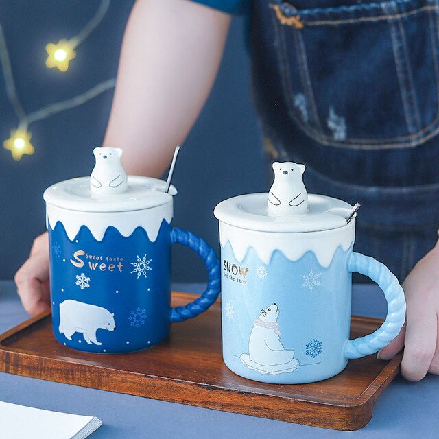 Kubek ceramiczny boże narodzenie z motywem niedźwiedzia polarnego - zestaw filiżanek do picia wody, herbaty i kawy z pokrywką - Wianko - 9