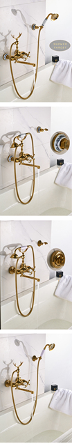 Porcelanowy kran łazienkowy w stylu antycznym, niebieski i biały, z wykończeniem ze złotej miedzi, do montażu na ścianie, zestaw prysznicowy - Wianko - 21