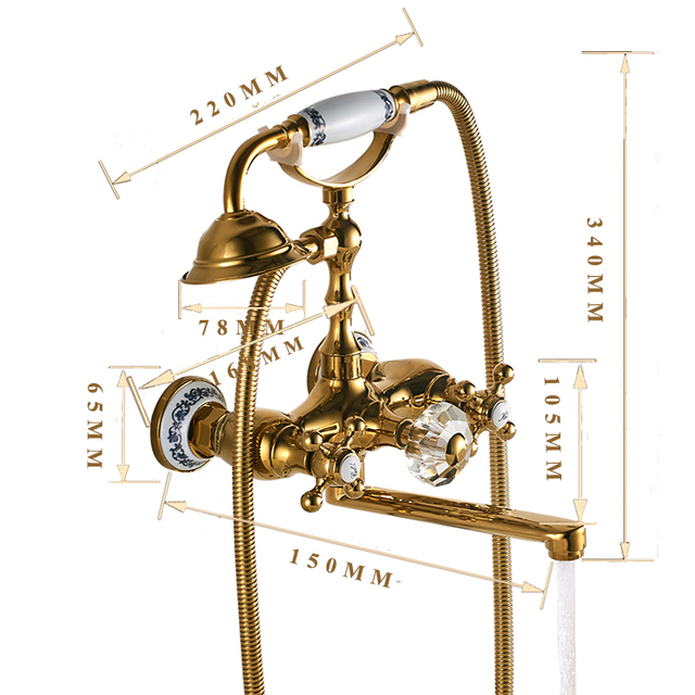 Porcelanowy kran łazienkowy w stylu antycznym, niebieski i biały, z wykończeniem ze złotej miedzi, do montażu na ścianie, zestaw prysznicowy - Wianko - 1
