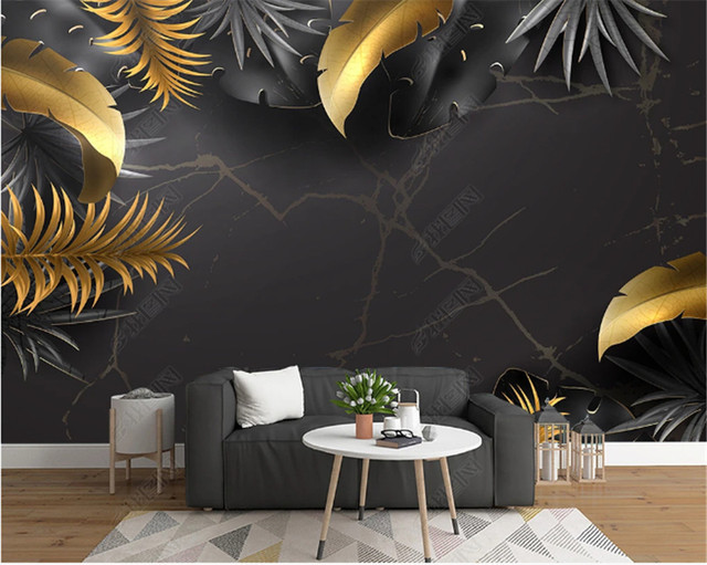 Nordic Tropical tapety czarne z złotymi liśćmi do salonu 3D tapety tło Mural dekoracja wnętrz TV Sofa - Wianko - 7