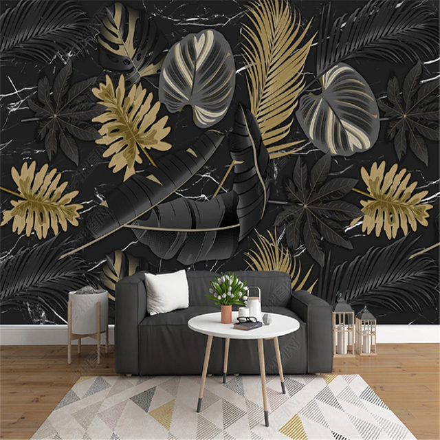 Nordic Tropical tapety czarne z złotymi liśćmi do salonu 3D tapety tło Mural dekoracja wnętrz TV Sofa - Wianko - 6