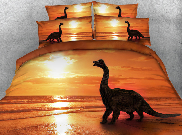 Zestaw pościeli Goldeny Dinosaur Land 3 części - zachód słońca na plaży - 3D HD cyfrowy dla dzieci - chłopcy - łóżko-zestaw - Wianko - 1