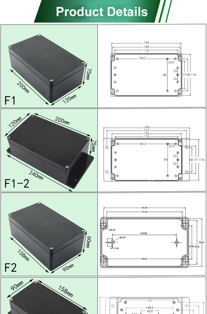 Czarne pudełko projektowe ABS IP65 wodoodporne, 2 sztuki, do skrzynki złączki, DIY Power Instrument Cas - Wianko - 1