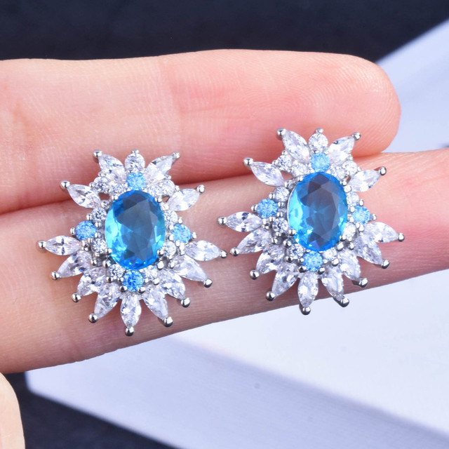 Kolczyki sztyfty z luksusowymi topazami, akwamarynami, diamentami, niebieskimi kryształami i białym złotem - Wianko - 16
