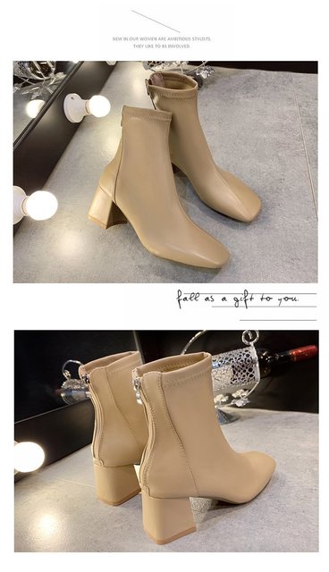 Aphixta 2021 Nowe jesienne skarpety z kwadratowym, 6 cm obcasem dla kobiet, z tylnym zamkiem błyskawicznym, casualowe, modne buty oficjalne z przodu - skórzane - Wianko - 16