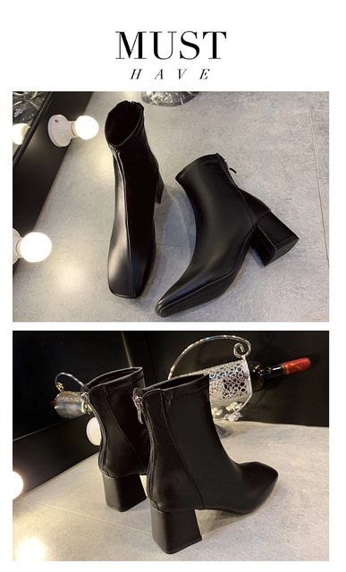 Aphixta 2021 Nowe jesienne skarpety z kwadratowym, 6 cm obcasem dla kobiet, z tylnym zamkiem błyskawicznym, casualowe, modne buty oficjalne z przodu - skórzane - Wianko - 12