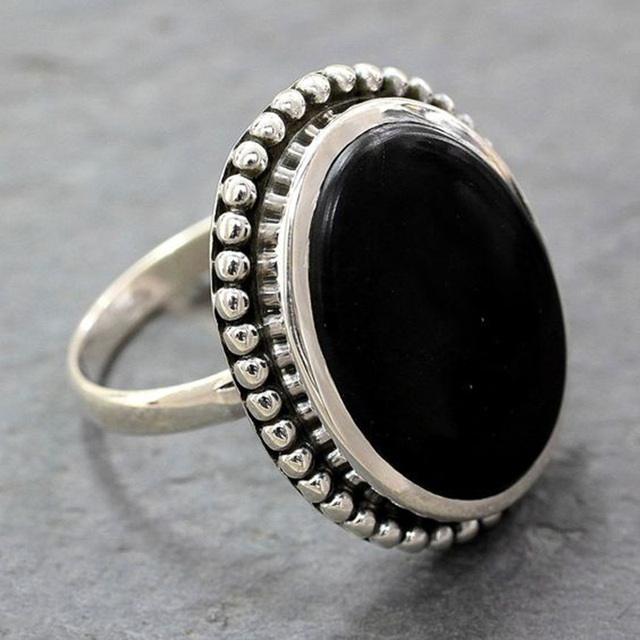 Wysokiej jakości antyczny posrebrzany pierścień dla kobiet z czarnym okrągłym onyksem jako biżuteria Bożego Narodzenia - Wianko - 21