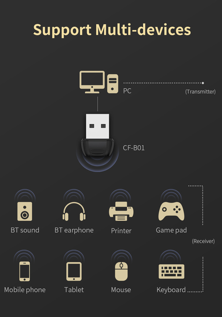 Mini bezprzewodowa wtyczka Bluetooth USB Adapter 5.0 - muzyka Bluetooth odbiornik Audio nadajnik na głośnik (Parametry: CF-B01, do komputera, mysz Laptop) - Wianko - 5