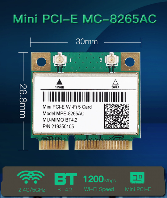 Karta sieciowa Intel 8265HMW Mini PCI-E - 1200 mb/s, dwuzakresowa 802.11ac z Bluetooth 4.2 - 2.4G/5GHz - Wianko - 2