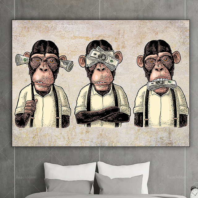 Malarstwo Trzy Mądre Małpy Wall Art, 3 Panelowe Śmieszne Małpy Street Art i Graffiti Plakat - Wianko - 4