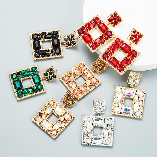 Luksusowe kryształowe kolczyki w kształcie prostego wielokolorowego kwadratu z geometrycznym wzorem - Wianko - 4