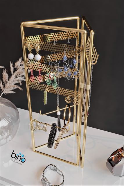 Organizer do biżuterii stojak 3-sztukowy wysoki połysk ze stali nierdzewnej złotego koloru (45x40cm) - kolczyki, bransoletki, naszyjniki, wszystko w jednym miejscu! - Wianko - 4