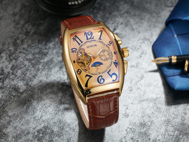 Zegarek męski SEWOR moda Tourbillon automatyczny mechaniczny, Tonneau Case, faza księżyca, małe sekundy - Wianko - 6