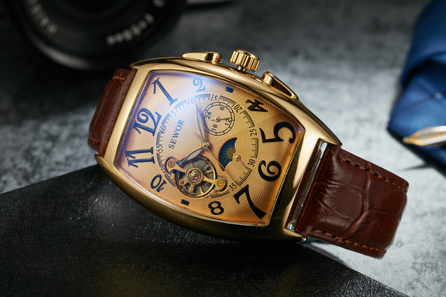 Zegarek męski SEWOR moda Tourbillon automatyczny mechaniczny, Tonneau Case, faza księżyca, małe sekundy - Wianko - 12