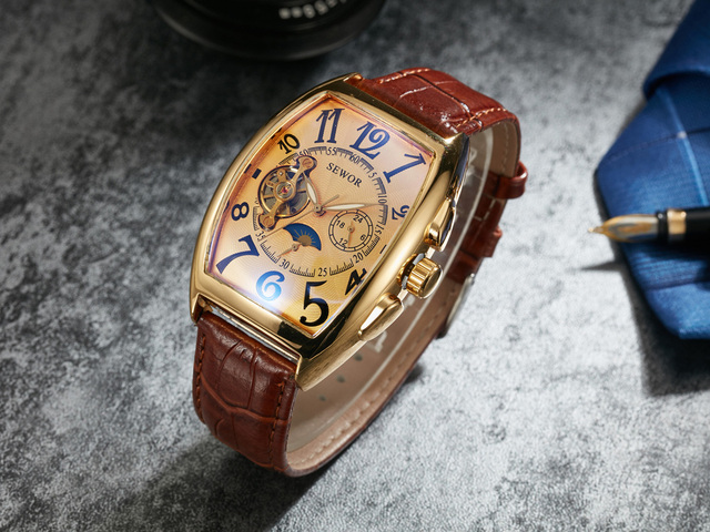 Zegarek męski SEWOR moda Tourbillon automatyczny mechaniczny, Tonneau Case, faza księżyca, małe sekundy - Wianko - 5