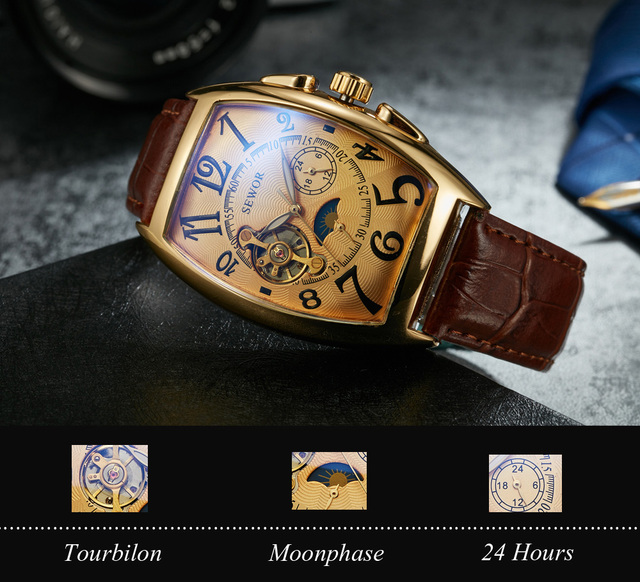 Zegarek męski SEWOR moda Tourbillon automatyczny mechaniczny, Tonneau Case, faza księżyca, małe sekundy - Wianko - 2